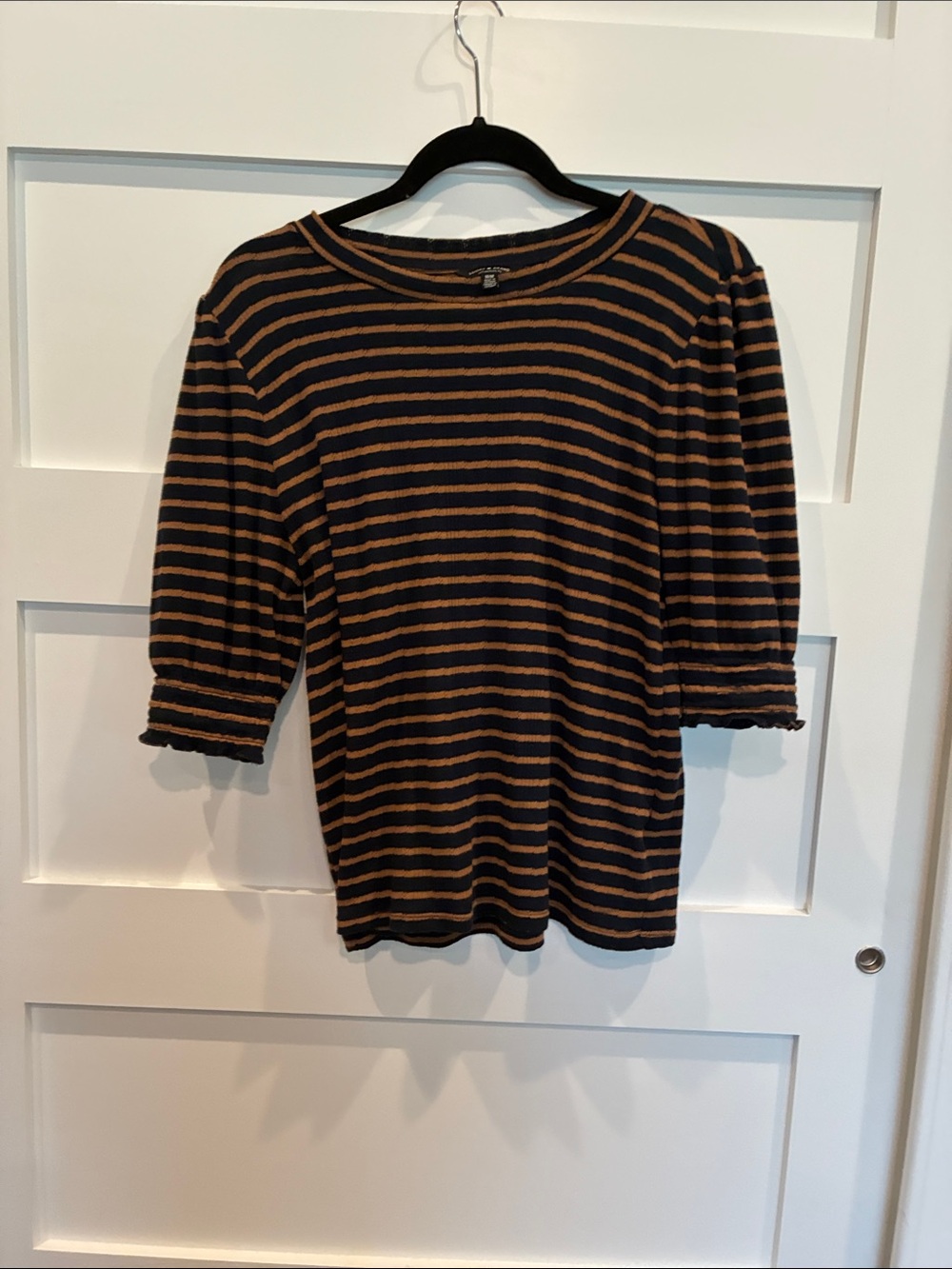 Lucky Brand Black and Brown Striped Puff-Sleeve Tee